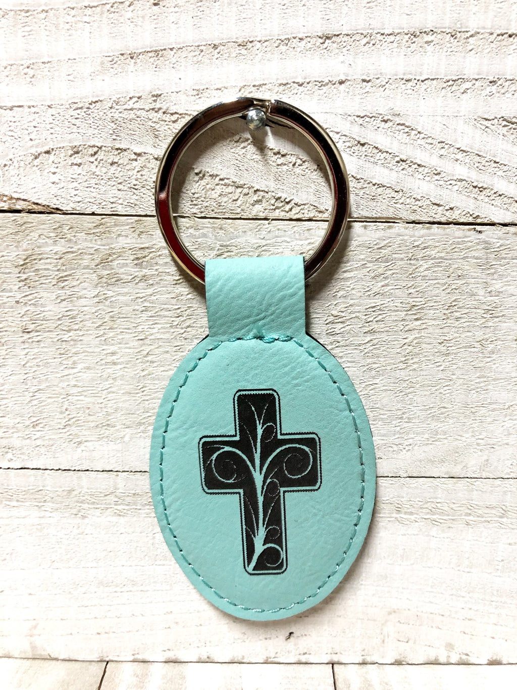 Engraved Oval Key Chain- Cross Teal Blue