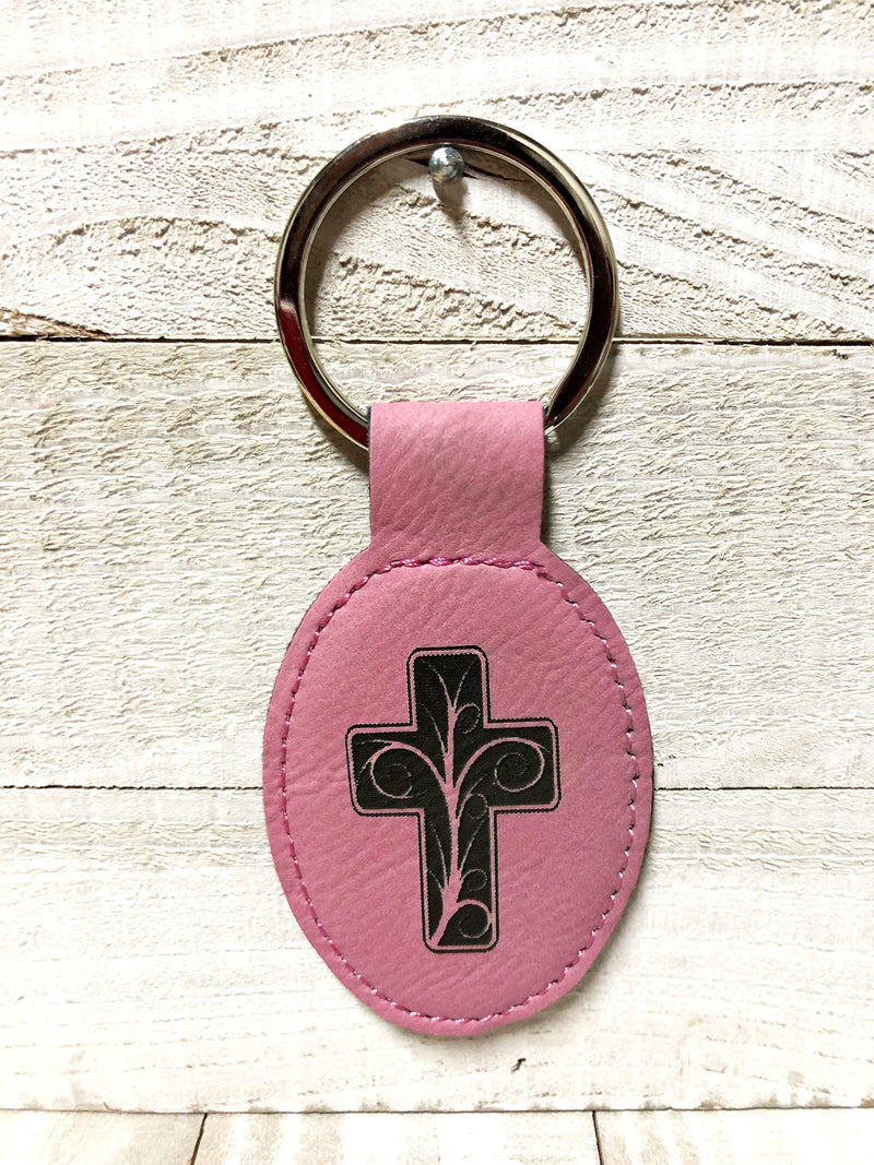 Engraved Oval Key Chain- Cross Pink