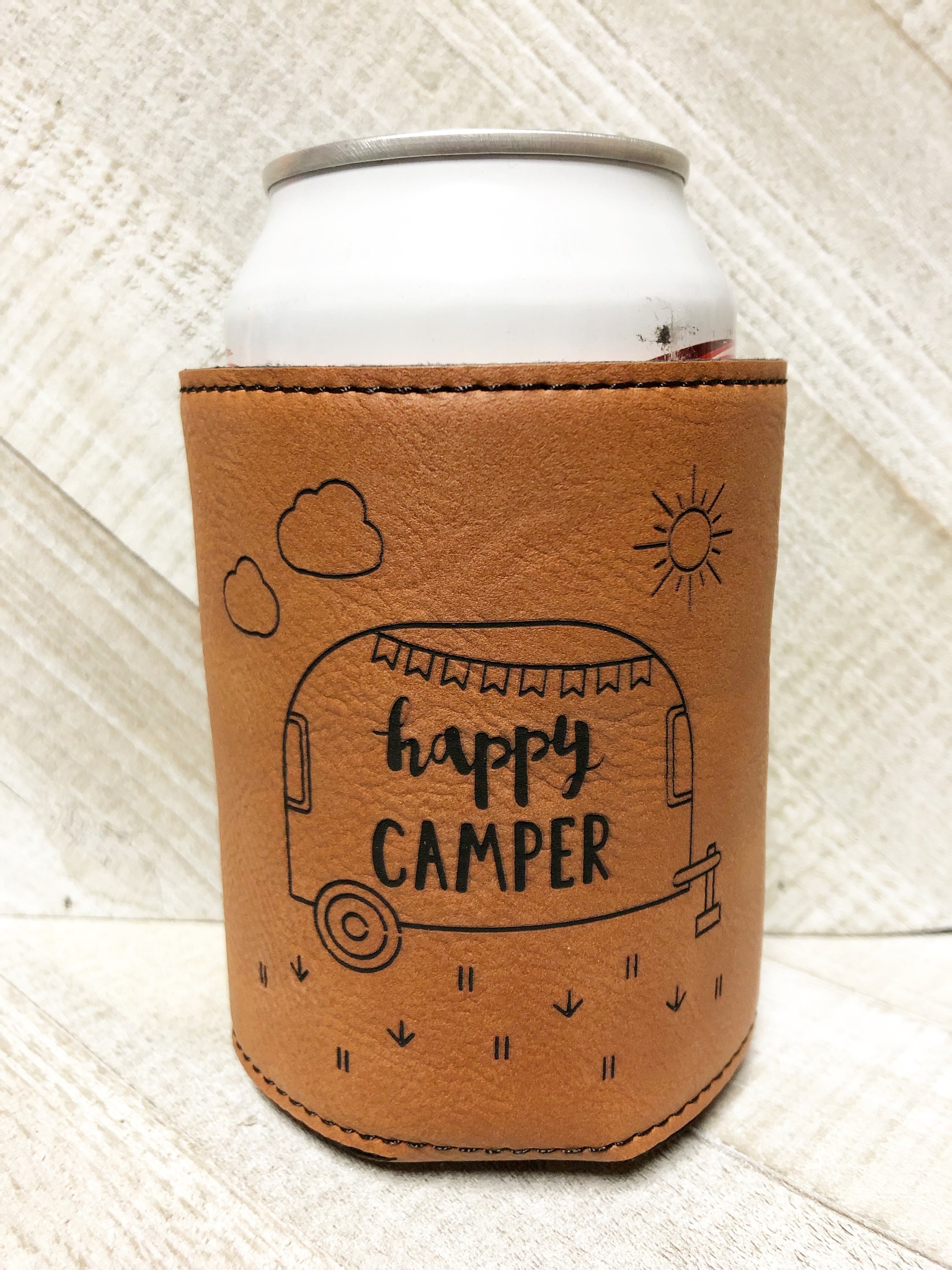 Engraved Beverage Koozie Holder- Happy Camper Dark Brown – Ramblin