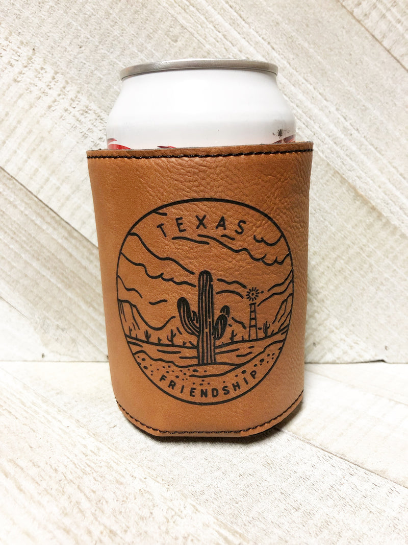 Engraved Beverage Koozie Holder- Texas Friendship Dark Brown