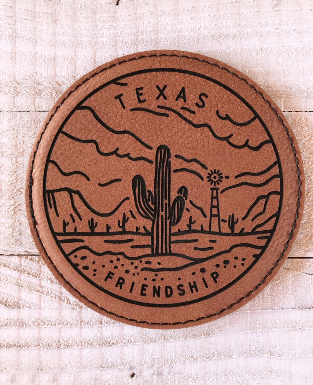 Engraved 4" Round Coaster- Texas Friendship Dark Brown