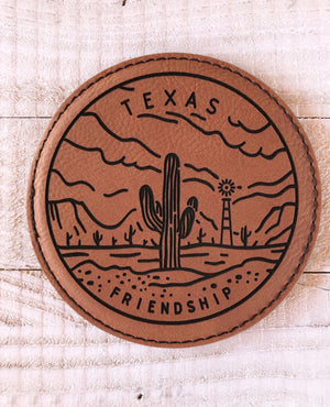 Engraved 4" Round Coaster- Texas Friendship Dark Brown