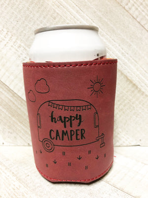 Engraved Beverage Koozie Holder- Happy Camper Maroon
