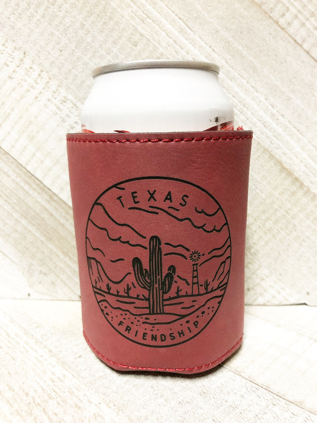 Engraved Beverage Koozie Holder- Texas Friendship Maroon