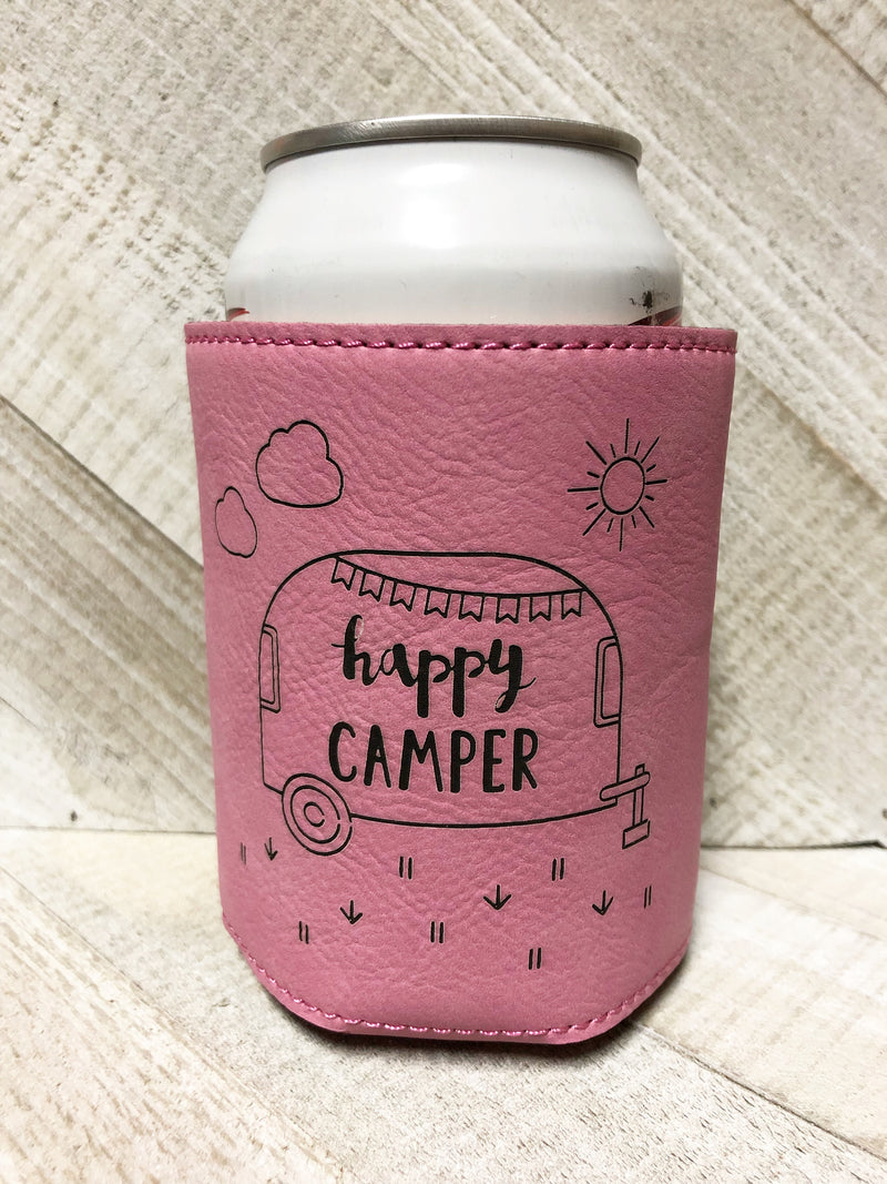 Engraved Beverage Koozie Holder- Happy Camper Pink