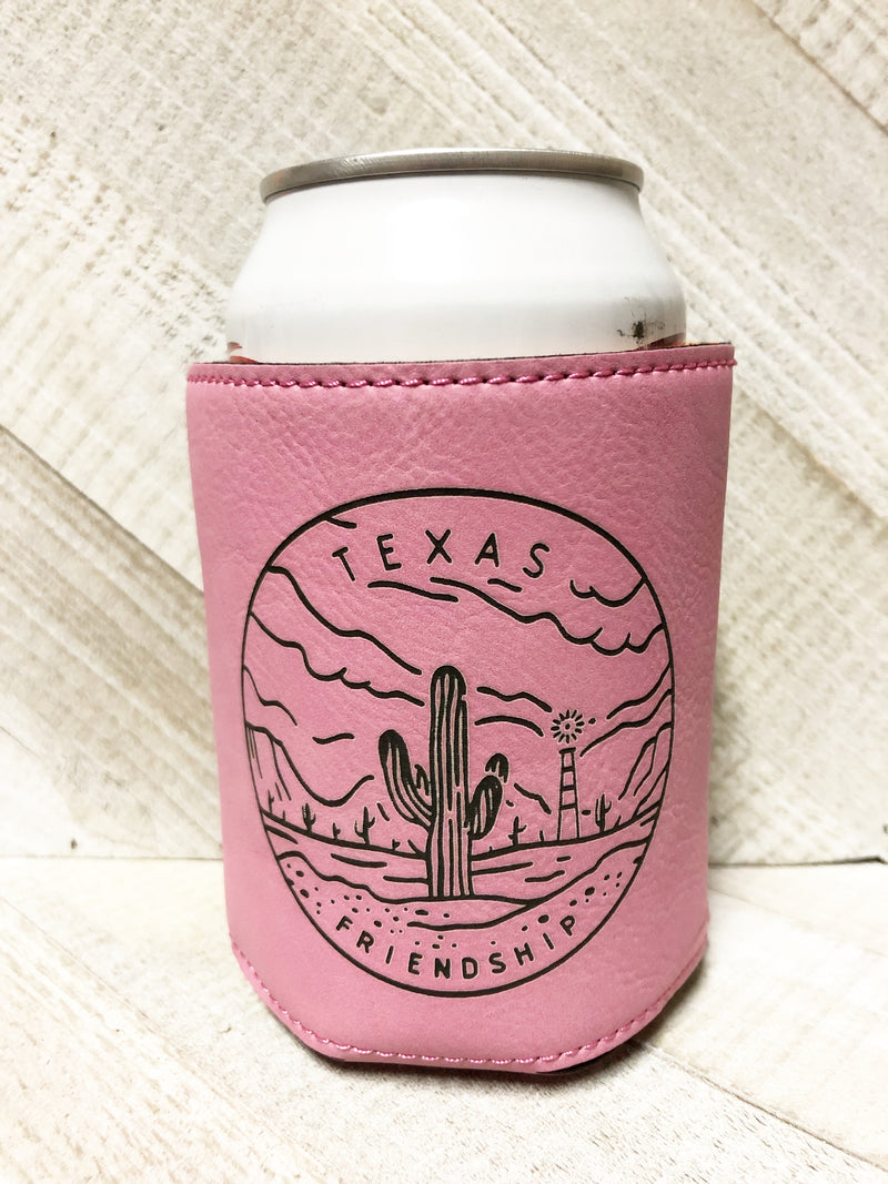 Engraved Beverage Koozie Holder- Texas Friendship Pink