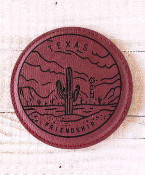 Engraved 4" Round Coaster- Texas Friendship Maroon