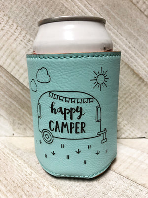 Engraved Beverage Koozie Holder- Happy Camper Teal Blue