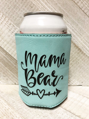 Engraved Beverage Koozie Holder- Mama Bear Teal Blue