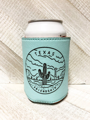 Engraved Beverage Koozie Holder- Texas Friendship Teal Blue