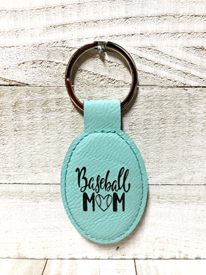 Engraved Oval Key Chain- Baseball Mom Teal Blue