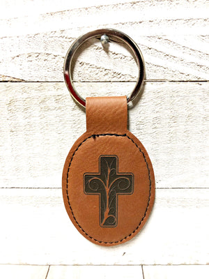 Engraved Oval Key Chain- Cross Dark Brown