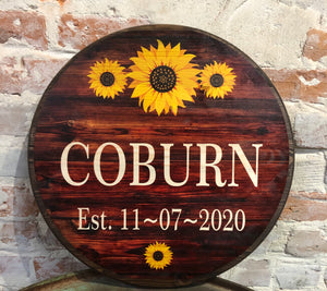 Custom Round Sign-  Barn Wood/Sunflower Design
