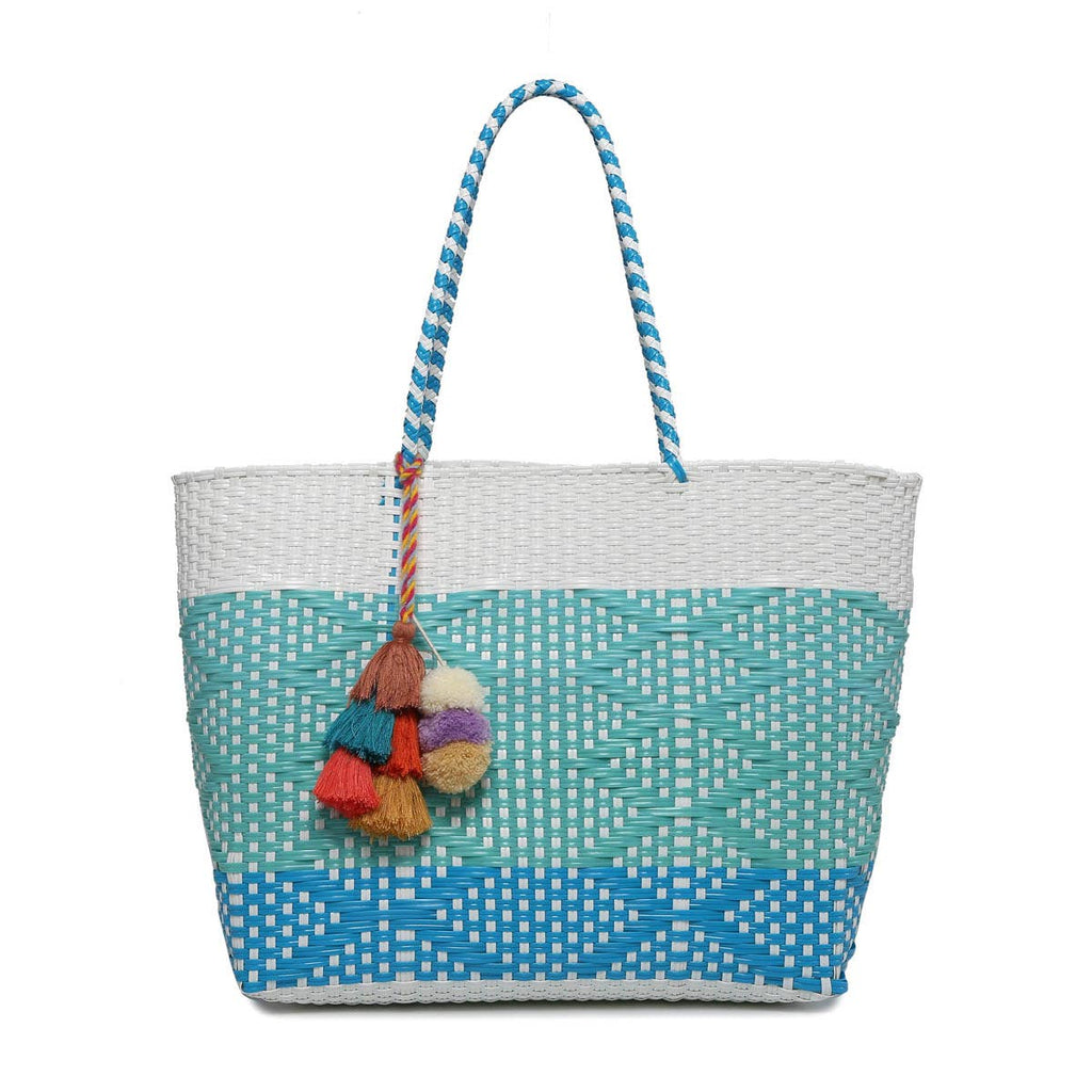 Shelby Large Handwoven Tote w/ Pom-Poms Turquoise