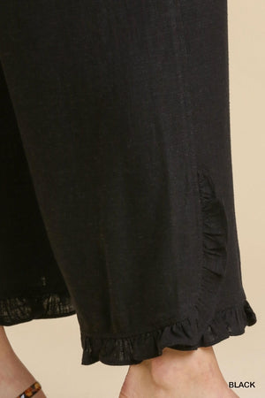 UMGEE Black Linen Blend Elastic Waist Ruffle Hem Pants with Pockets