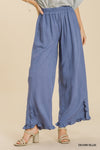 Denim Linen Elastic Waist Ruffle Hem Pants with Pockets