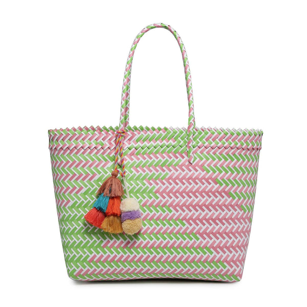 Shelby Large Handwoven Tote w/ Pom-Poms Pink/Green