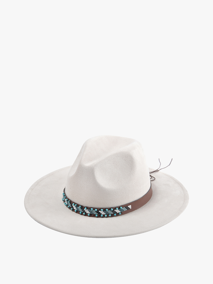 Teo Faux Suede Fedora w/ Turquoise Bead Band Beige