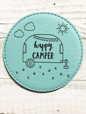 Engraved 4" Round Coaster- Happy Camper Teal