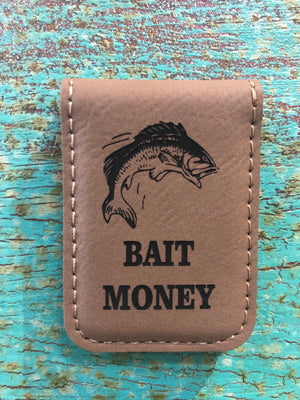 Engraved Magnetic  Money Clip Holder Light Brown-Bait Money w/ Fish