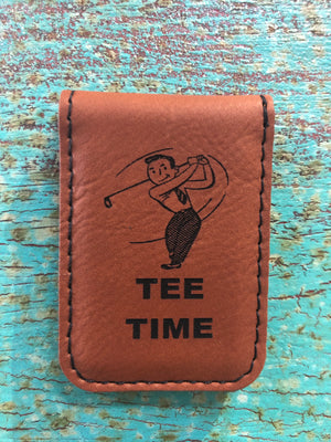 Engraved Magnetic  Money Clip Holder Rawhide Brown-Tee Time Golfer