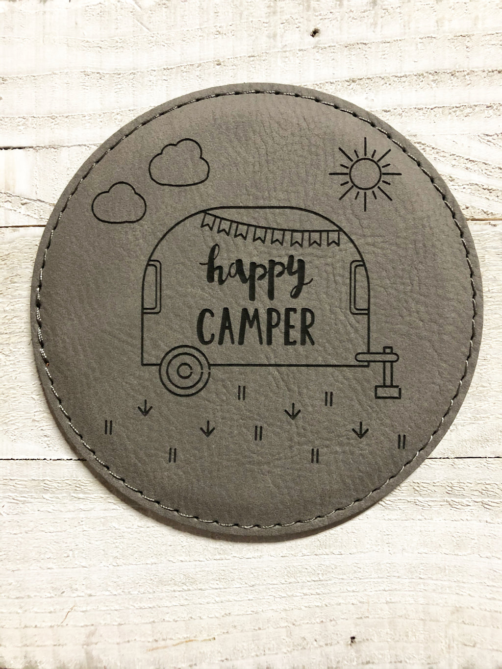 Engraved 4" Round Coaster- Happy Camper Gray