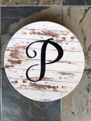 Custom Round Sign-  Antique Barn Wood Background w/Initial