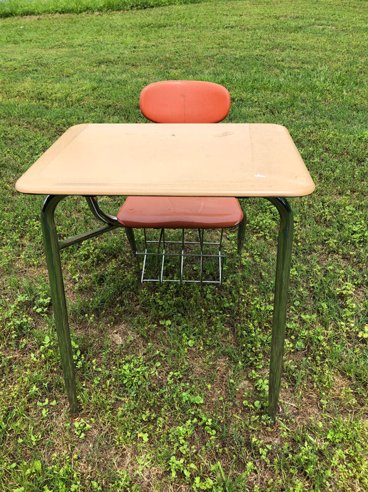 Vintage School Desk w/orange chair and book storage