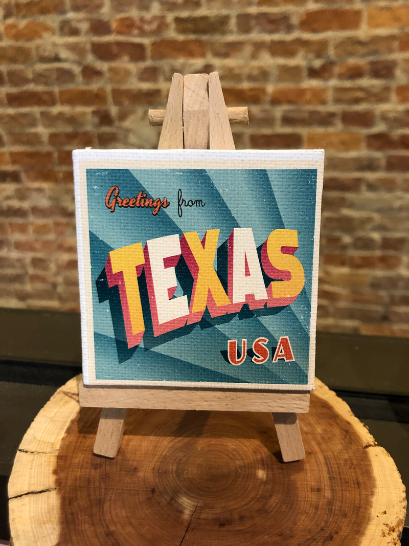 Mini Canvas Signs w/Wooden Easel~Greetings from Texas Retro
