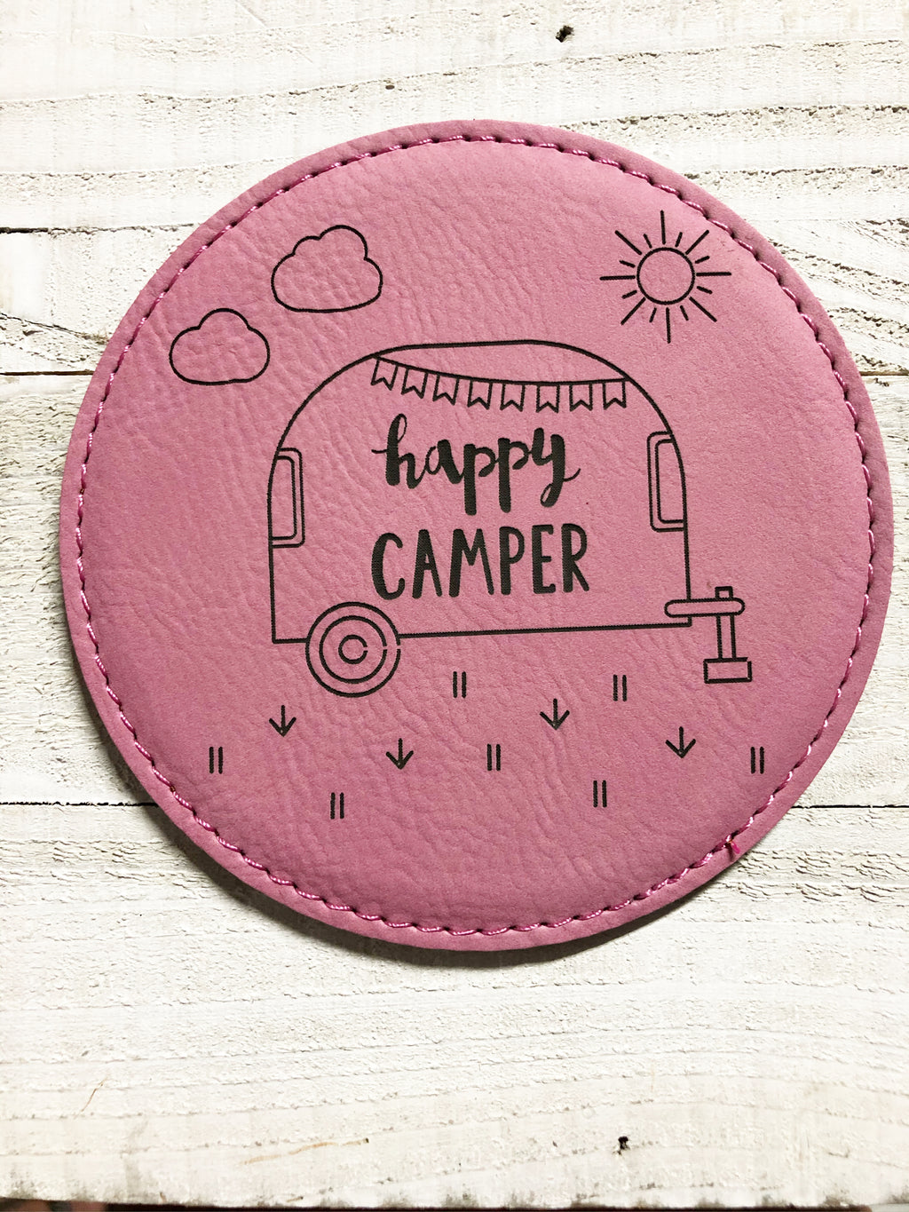 Engraved 4" Round Coaster- Happy Camper Pink