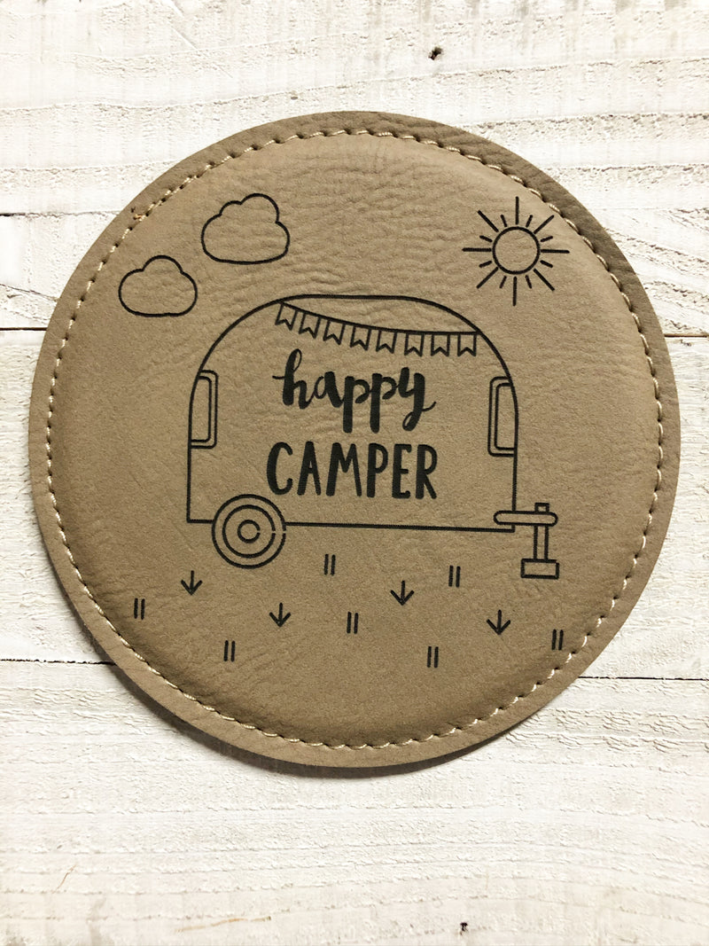 Engraved 4" Round Coaster- Happy Camper Light Brown