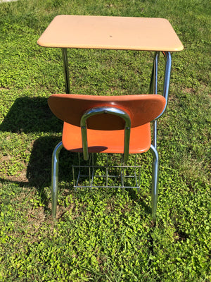 Vintage School Desk w/orange chair and book storage