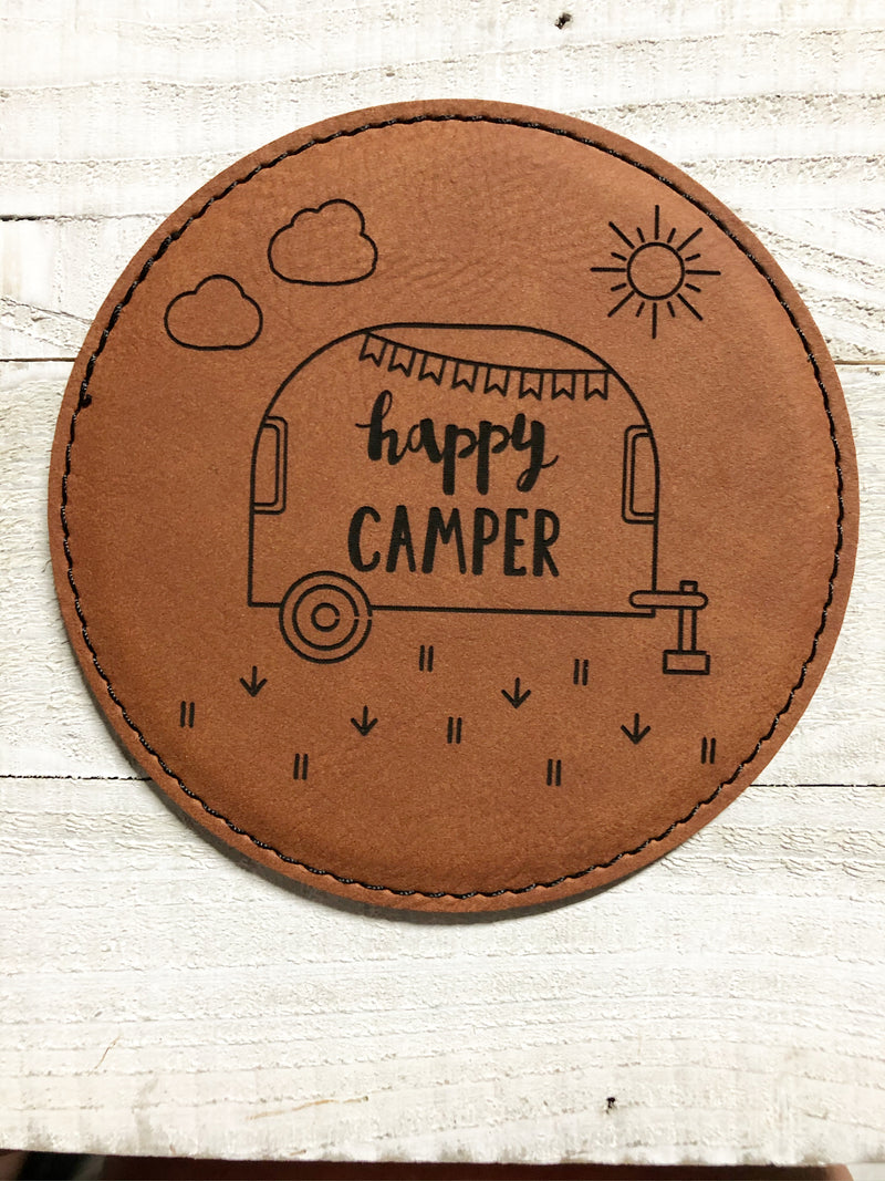 Engraved 4" Round Coaster- Happy Camper Dark Brown