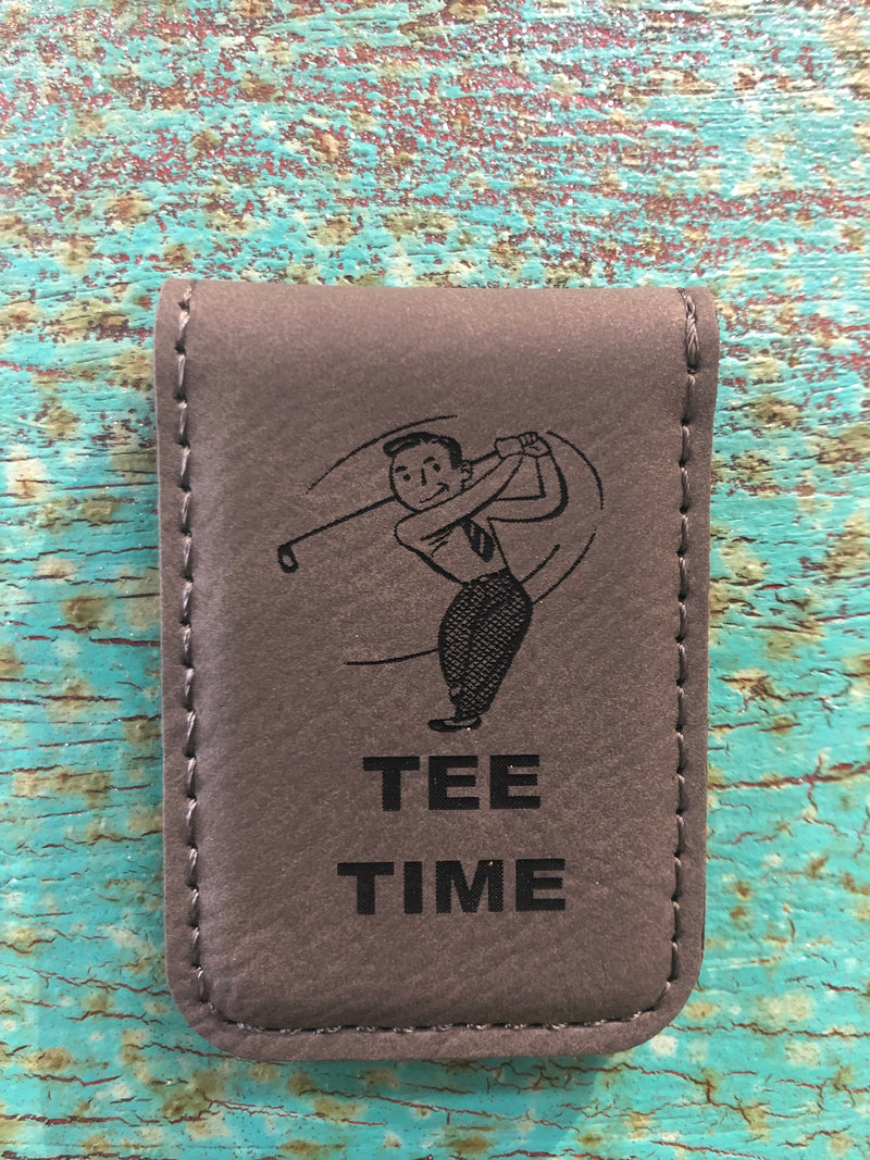 Engraved Magnetic Money Clip Holder Gray-Tee Time Golfer