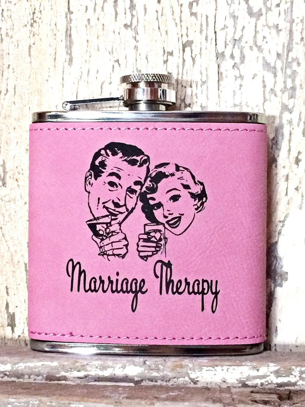 Engraved Stainless Steel 6 oz Flask- Marriage Therapy Pink