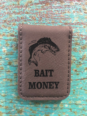 Engraved Magnetic  Money Clip Holder Gray-Bait Money w/ Fish