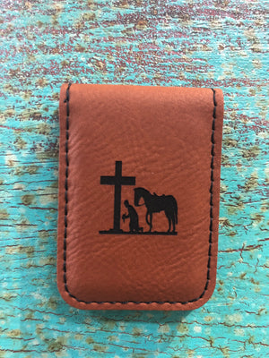 Engraved Magnetic  Money Clip Holder Rawhide Brown-Praying Cowboy