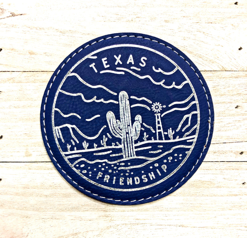 Engraved 4" Round Coaster- Texas Friendship Royal Blue w/Silver details
