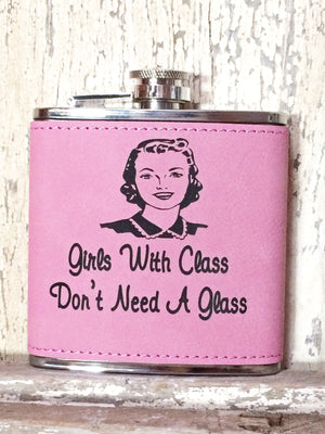 Engraved Stainless Steel 6 oz Flask- Girls With Class Pink