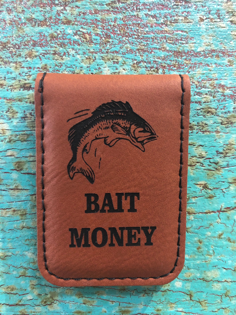 Engraved Magnetic Money Clip Holder Rawhide Brown-Bait Money w/ Fish