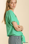 Green Linen Frayed Top with Tie Knot